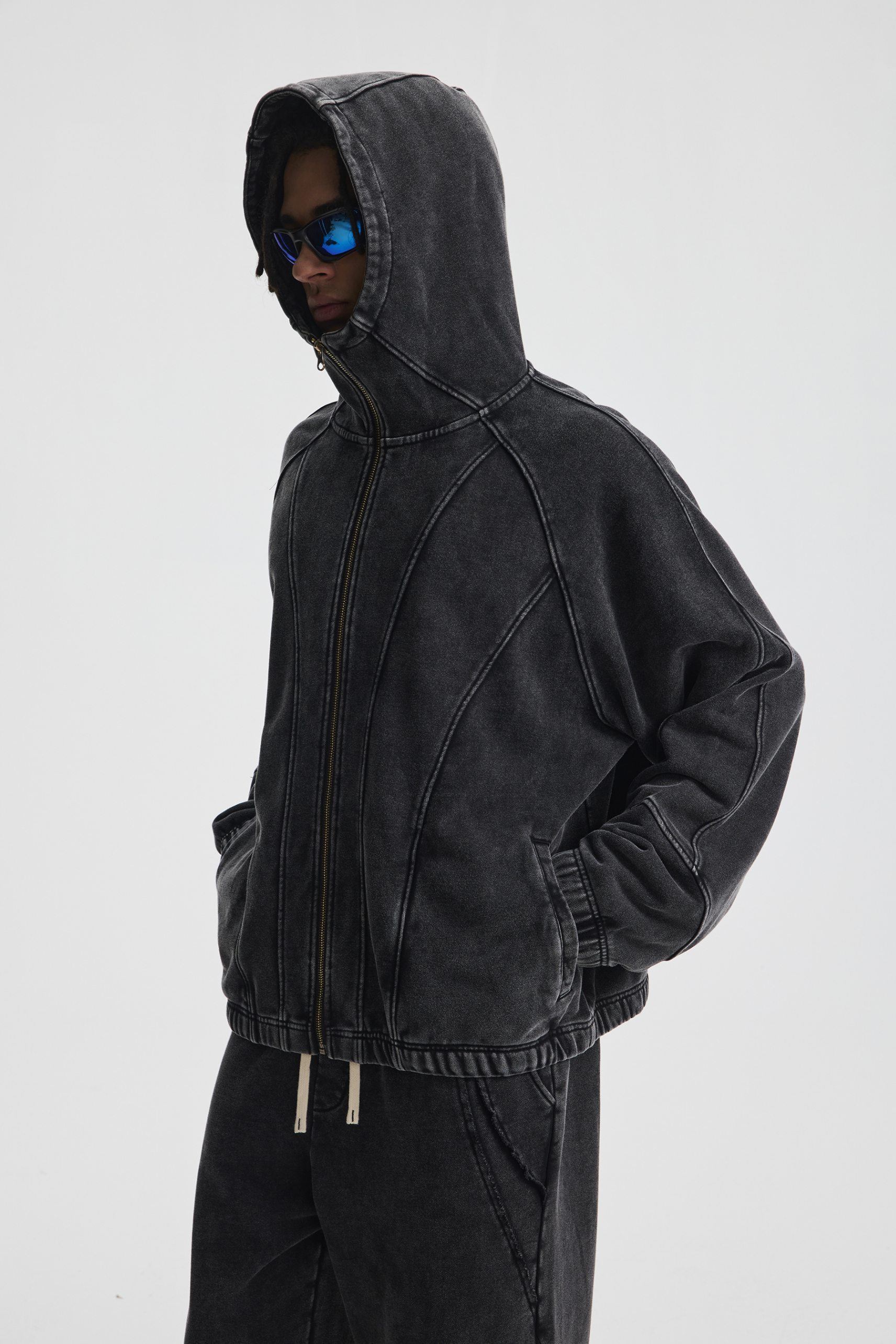 430gsm Stone Wash Panelled Zip Hoodie