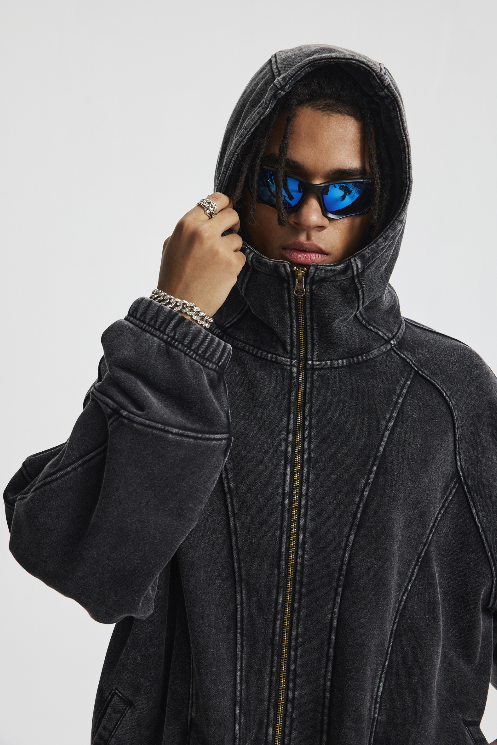 430gsm Stone Wash Panelled Zip Hoodie