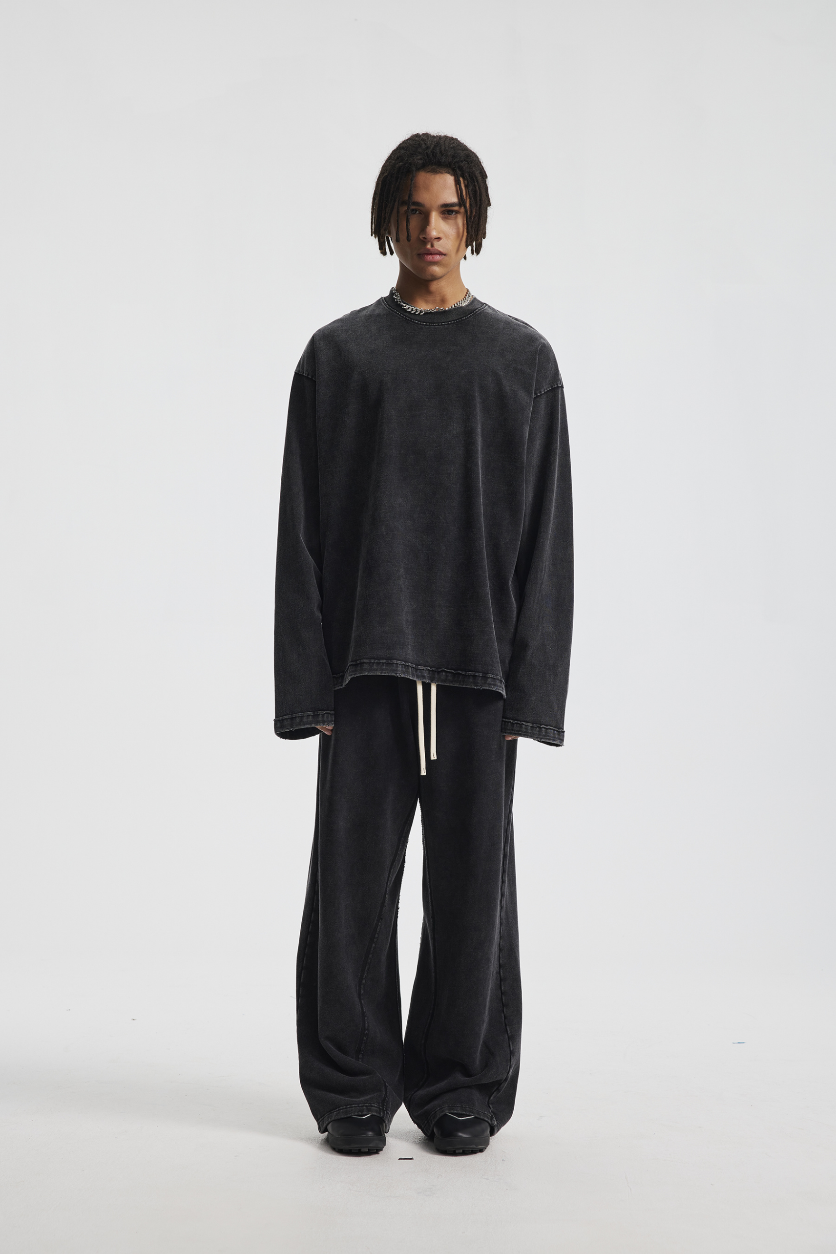 325gsm Stone Wash Boxy Raw Hem Long Sleeve Tee