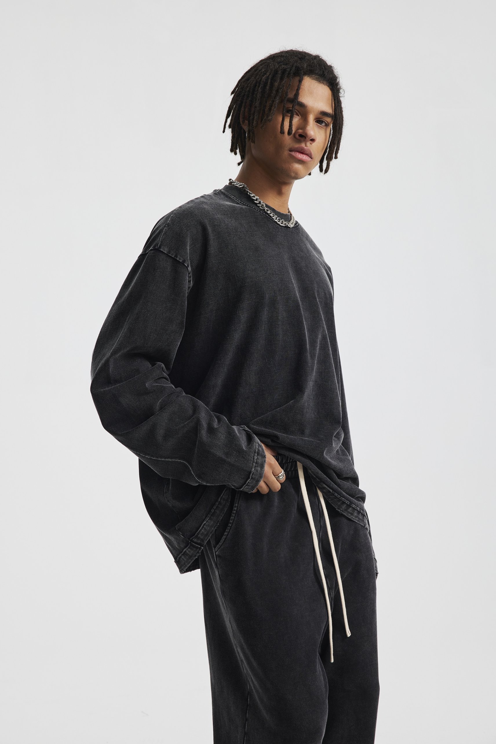 325gsm Stone Wash Boxy Raw Hem Long Sleeve Tee