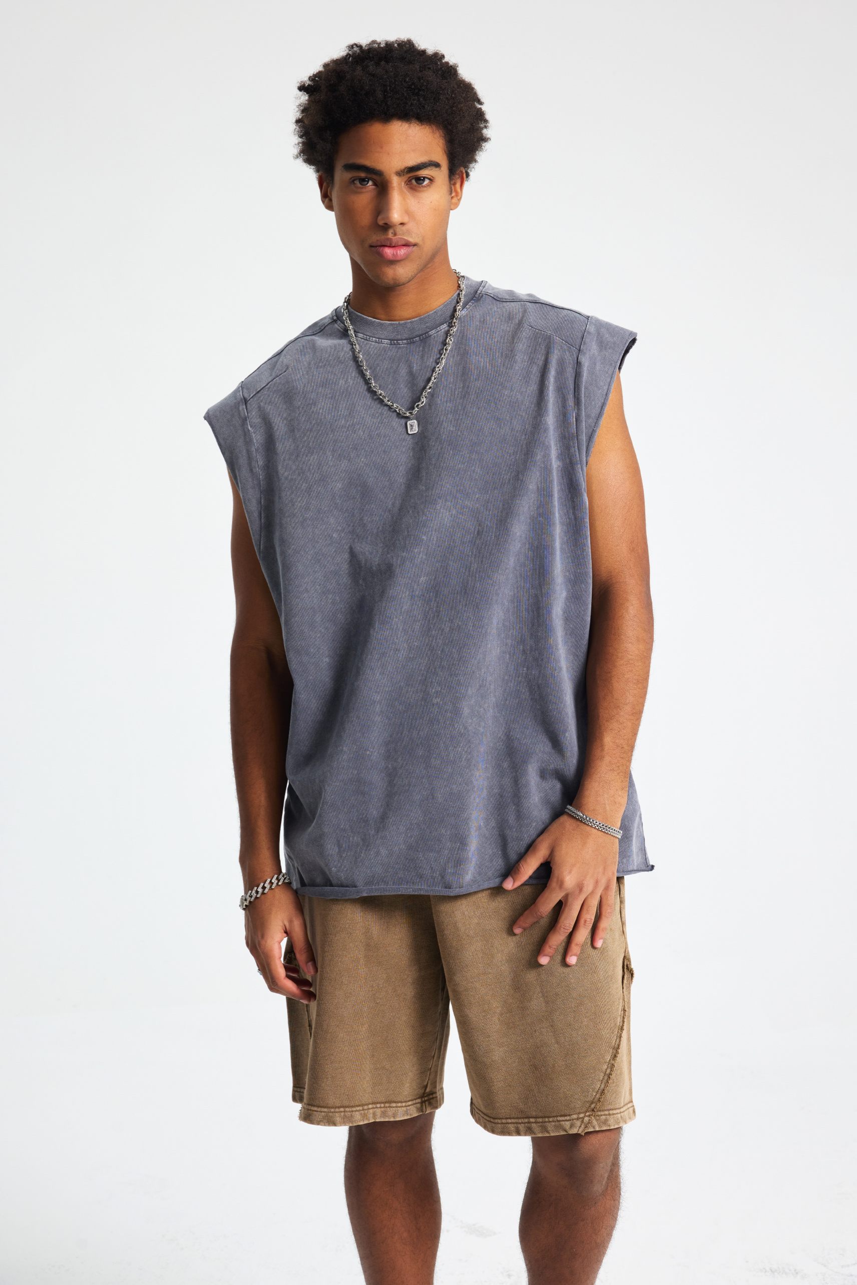 Raw-Edge Acid-Wash Sleeveless T-Shirt