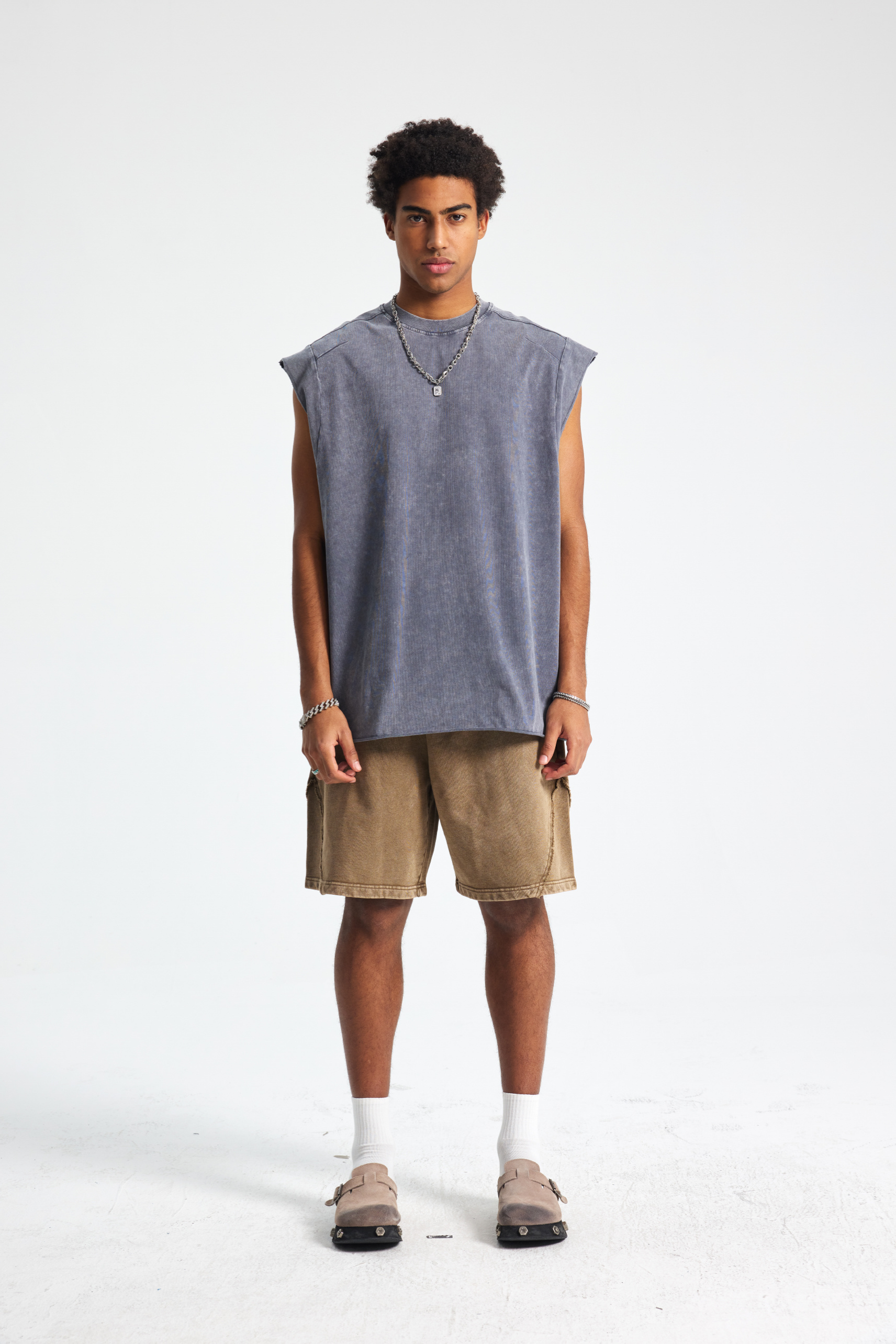 Raw-Edge Acid-Wash Sleeveless T-Shirt