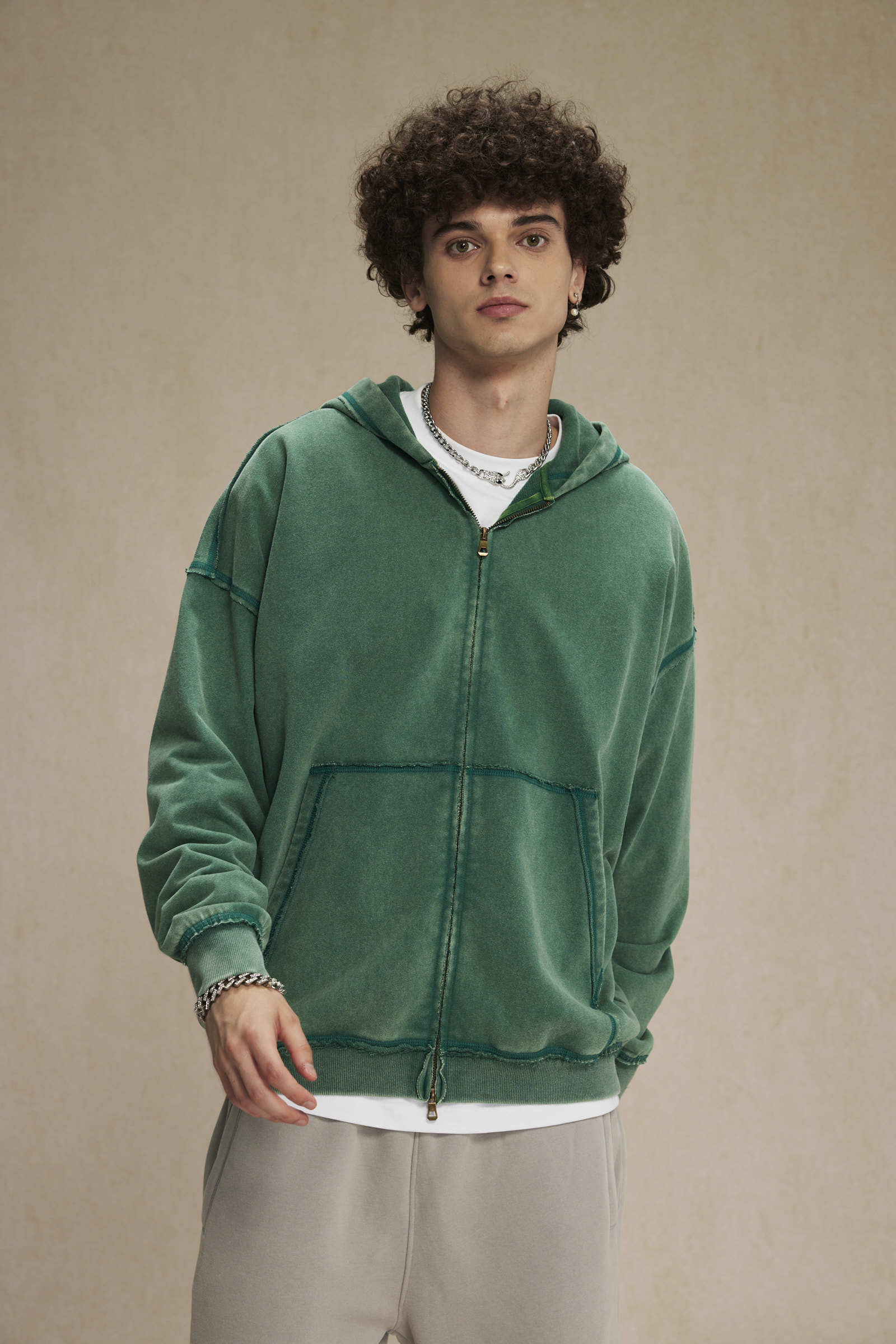 Washed Raw-Edge Zip Hoodie