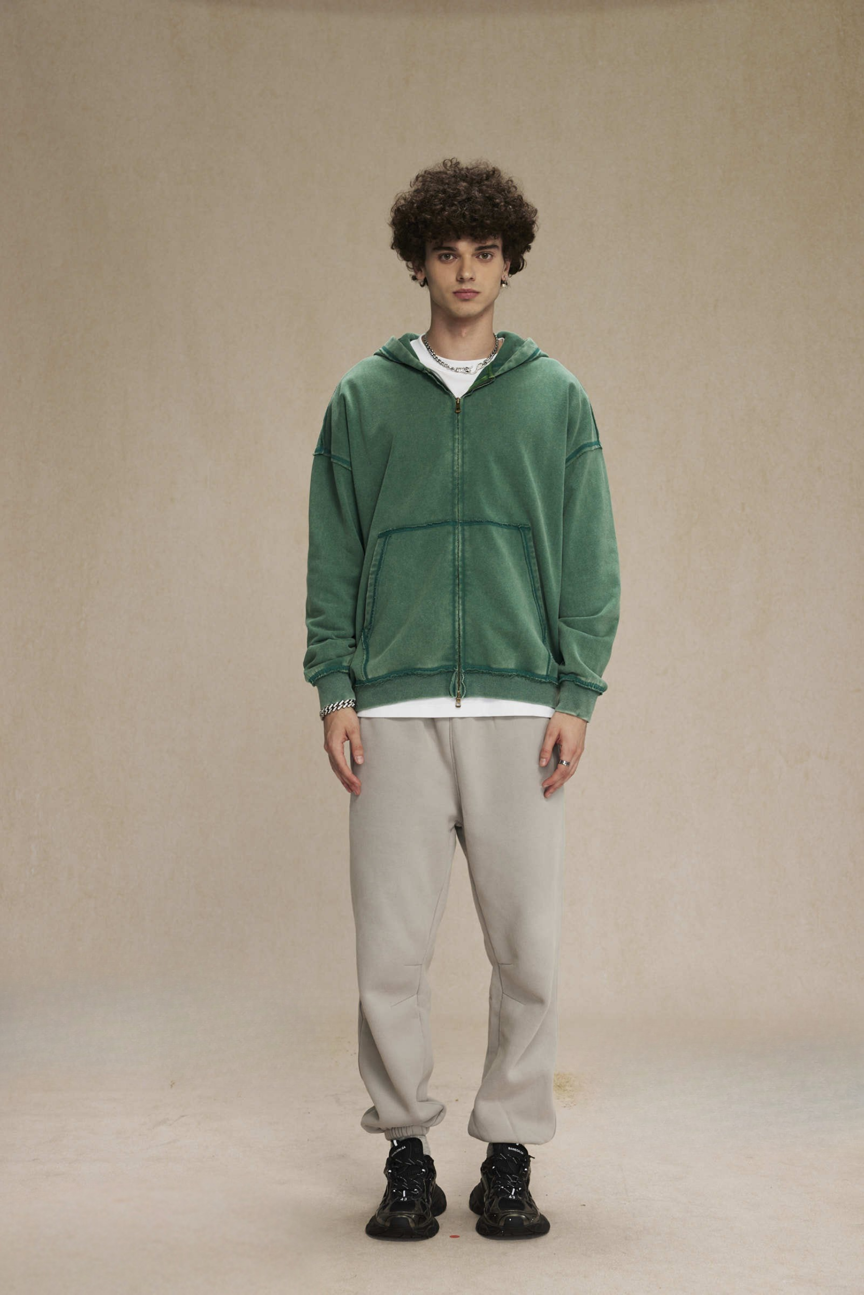 Washed Raw-Edge Zip Hoodie