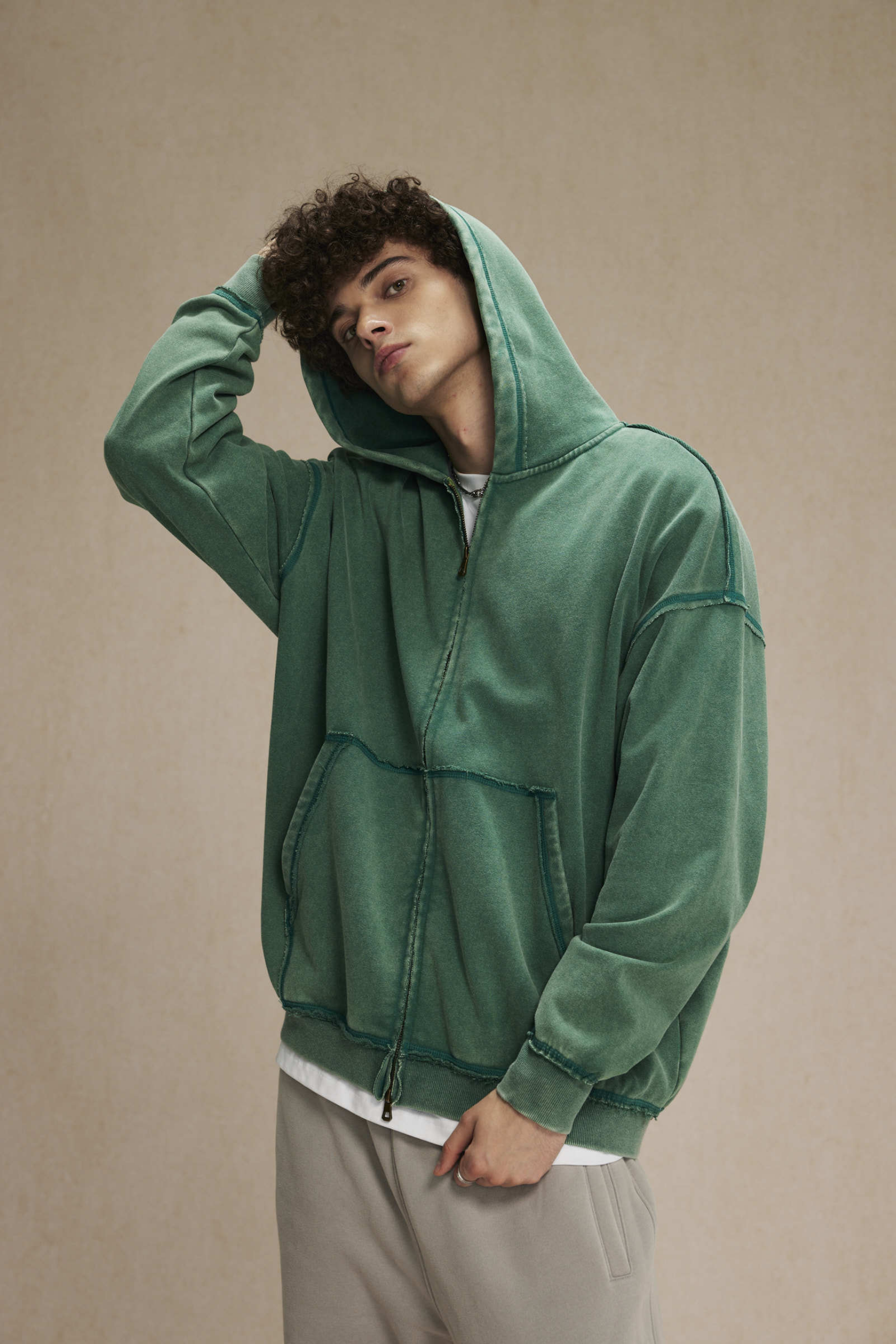Washed Raw-Edge Zip Hoodie