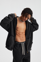 370gsm Stone Wash Distressed Zip Hoodie