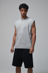 Stone Washed Raw-Edge Sleeveless T-Shirt